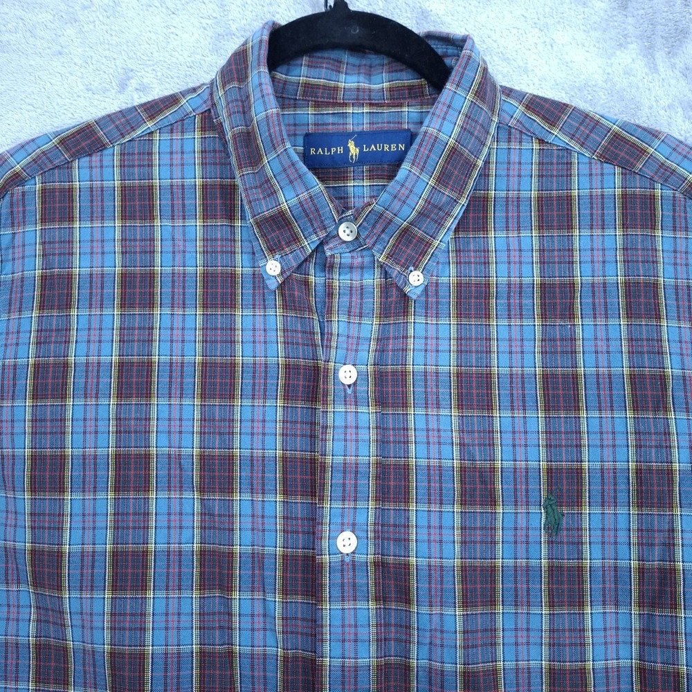 Polo Ralph Lauren Plaid Classic Fit Oxford Shirt Large Blue Plaid Green Pony